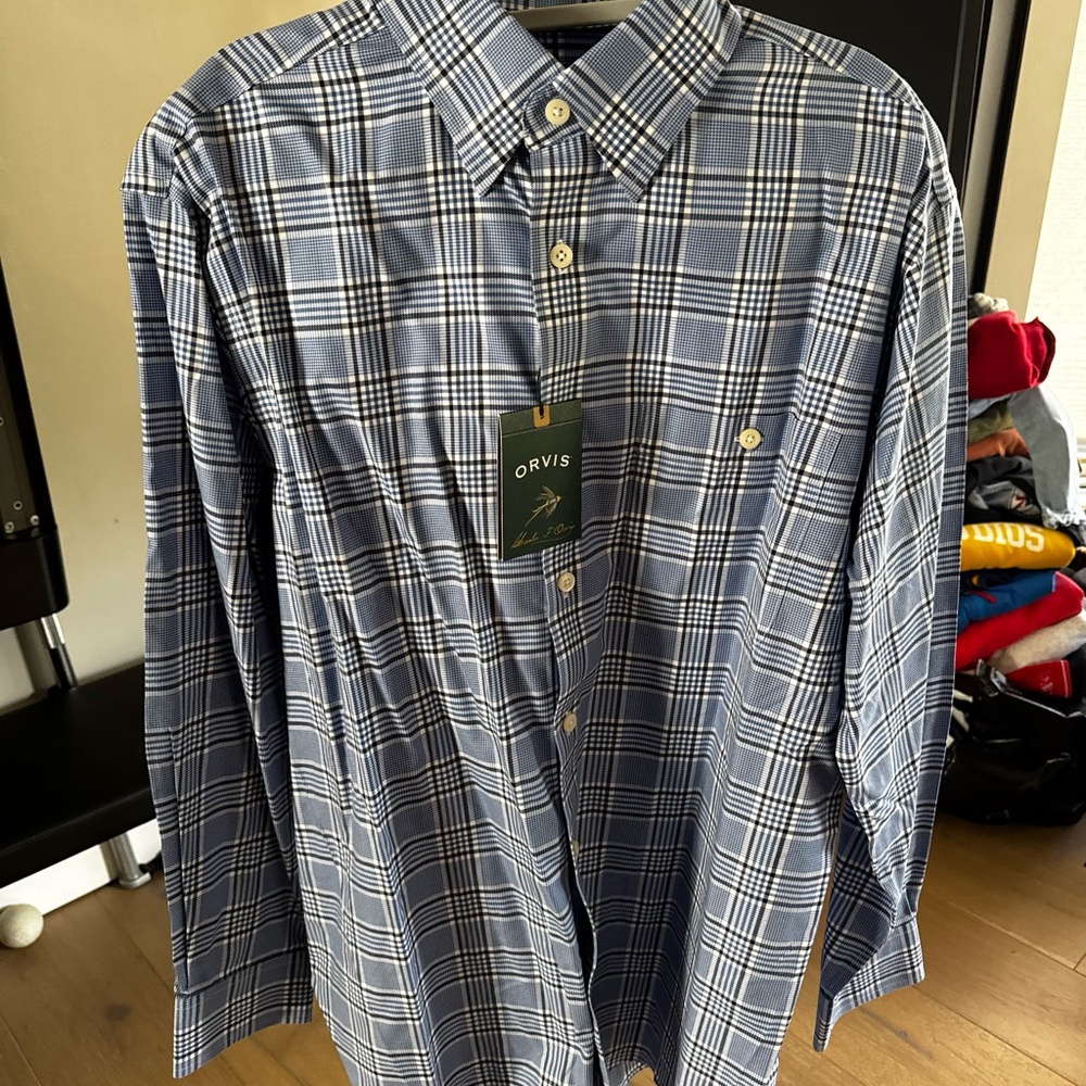 Orvis Men's Navy and White Checkered Shirt